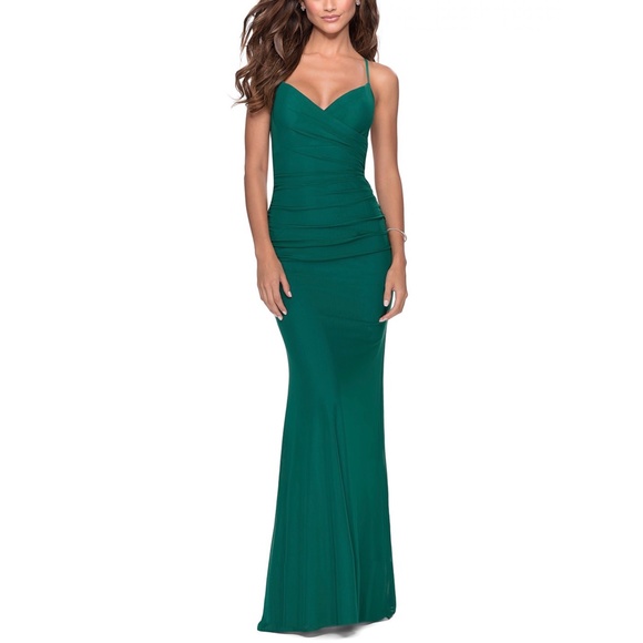 La Femme 28541 V-Neck Lace-Up Back Ruched Net Jersey Gown - Picture 1 of 12